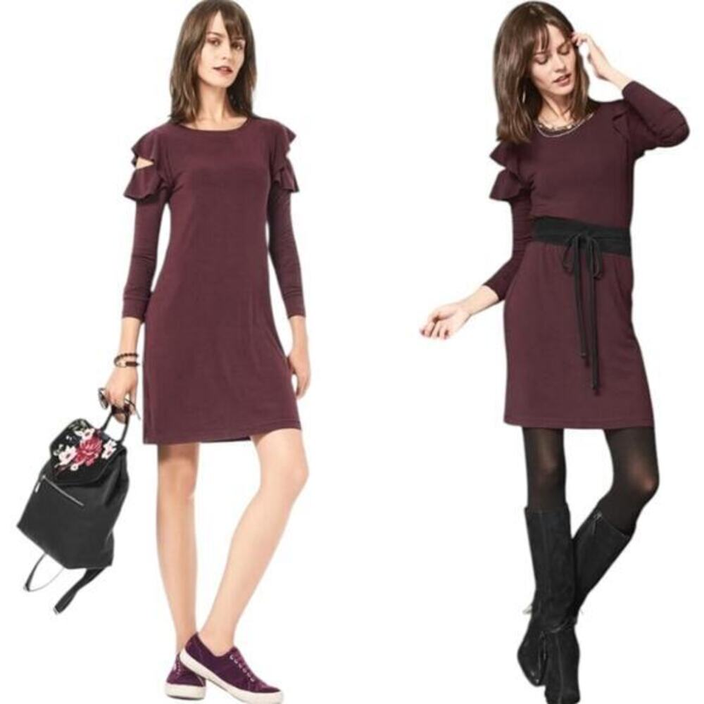 White House Black Market Burgundy Ruffle Cold Shoulder Long Sleeve Dress‎ Size S
